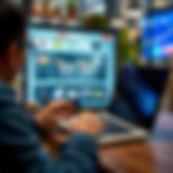 A person using a laptop to make an online purchase with shopping carts and product images displayed on the screen.