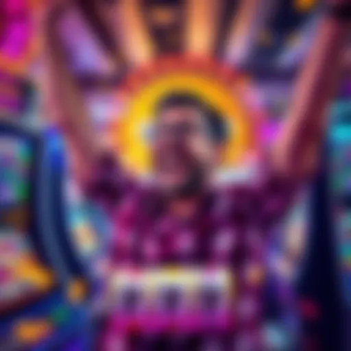 A happy player celebrating after winning free spins in an online slot game, surrounded by bright colors and slot machine graphics.