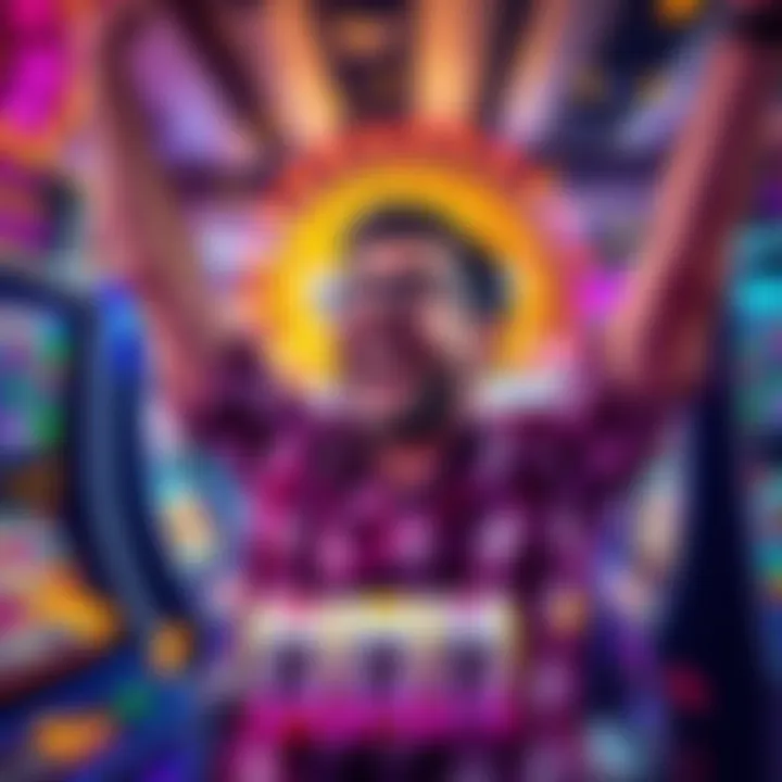 A happy player celebrating after winning free spins in an online slot game, surrounded by bright colors and slot machine graphics.