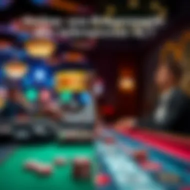 A split image showing a person playing casino games online and another person at a traditional casino table