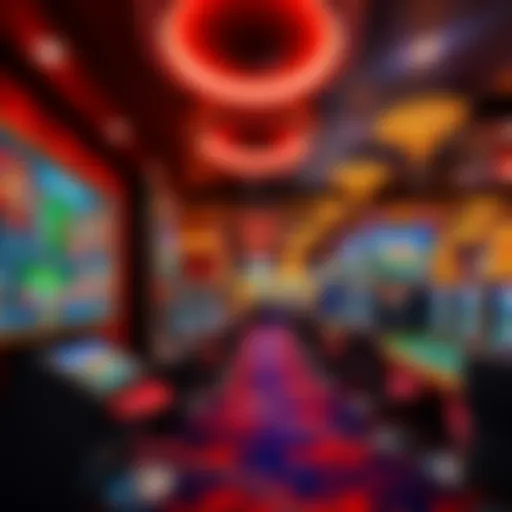 Comparison of online and traditional casino gaming A digital casino interface on one side and a classic casino floor with slot machines and tables on the other side