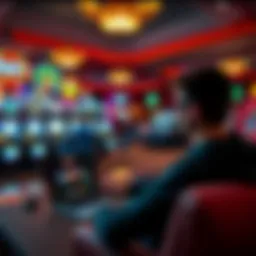 A person playing online casino games on a laptop at home, contrasting with a vibrant traditional casino scene in the background, showing slot machines and people enjoying games.