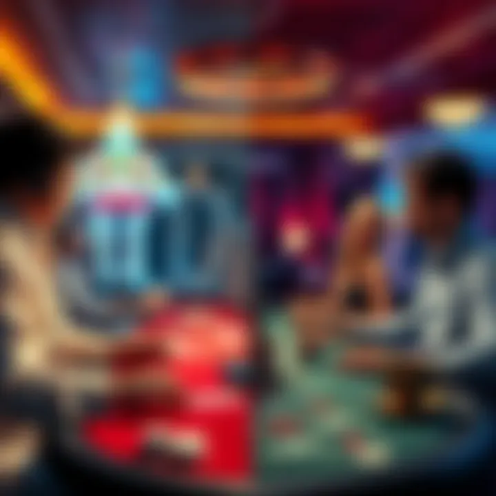 A split image showing people playing online casino games on one side and others at a traditional casino table on the other side.