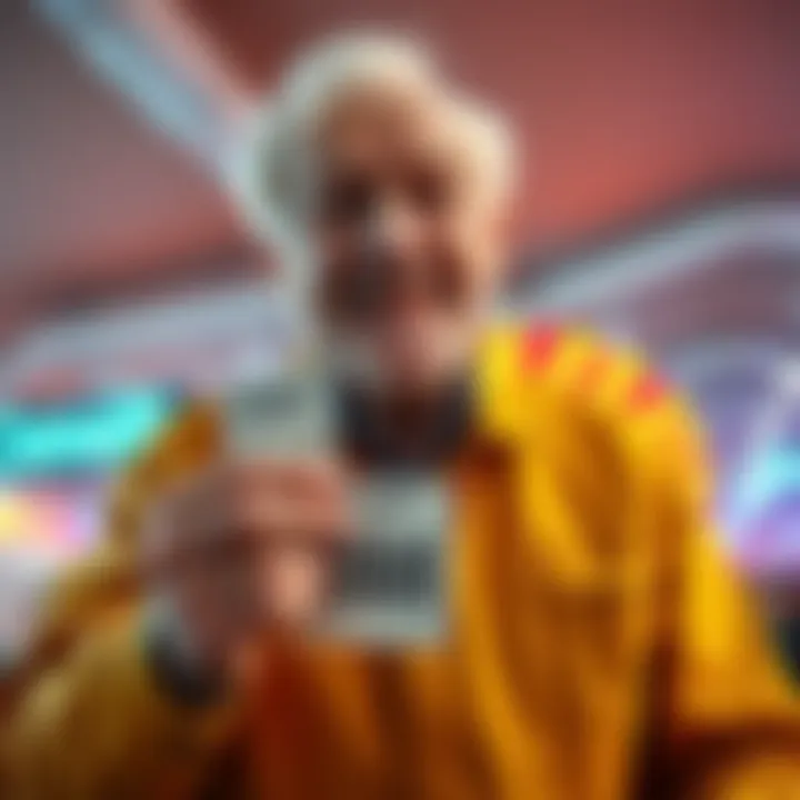 A joyful 73-year-old man holding a lottery ticket and smiling, celebrating his win of $88,888 in front of a bright backdrop