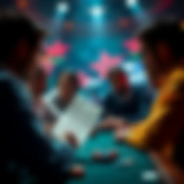 A group of poker players discussing new game formats with a letter in hand.