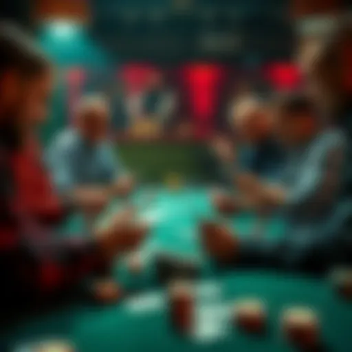 A poker table with players showing their cards openly, discussing strategy and gameplay