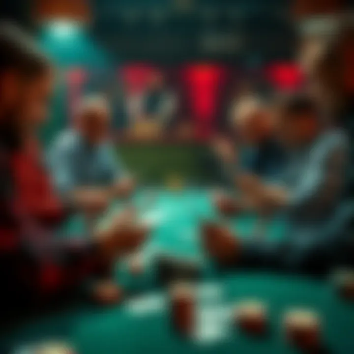 A poker table with players showing their cards openly, discussing strategy and gameplay