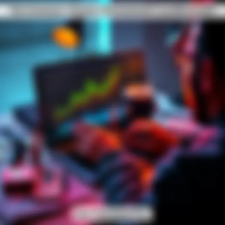 A person looking at a laptop screen with graphs showing income growth, surrounded by money and financial documents.