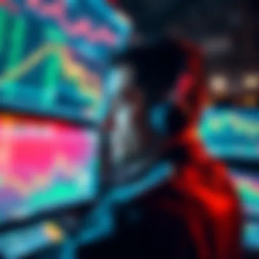 A determined options trader looking at multiple screens with stock charts, symbolizing focus amid market challenges