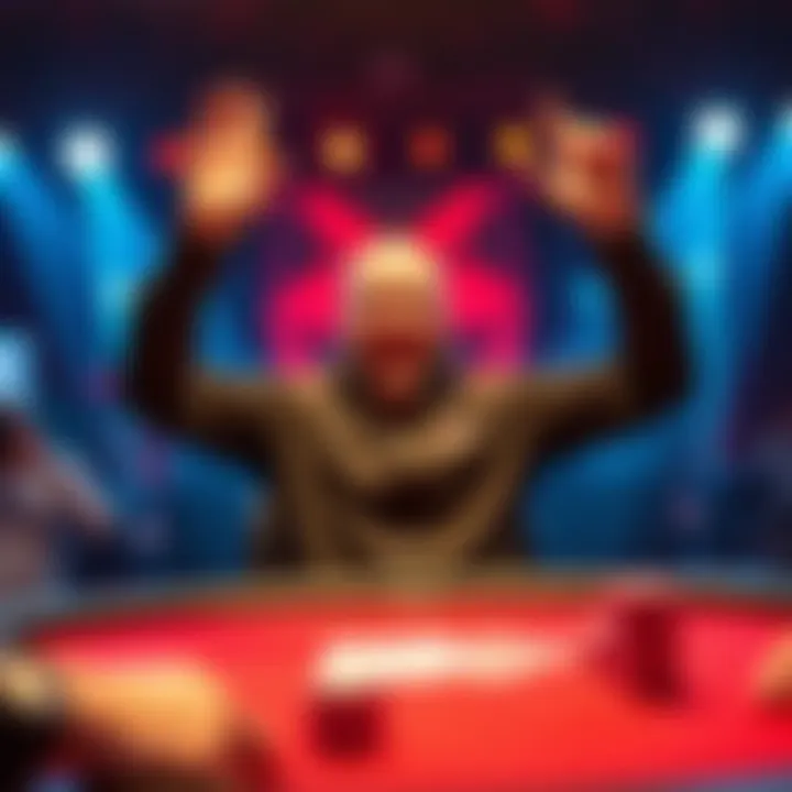 Ossi Ketola raises his hands in celebration after winning $16 million in a poker match against Bjorn Li, with a poker table and cards visible