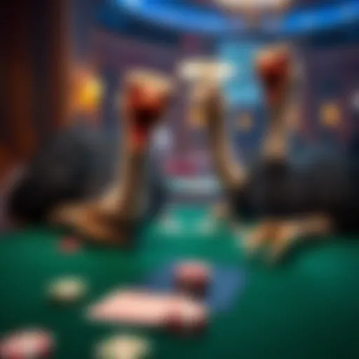 Two ostriches causing chaos at a blackjack table in Duel Online Casino