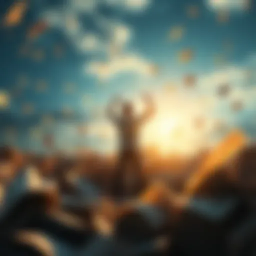 A person standing strong amidst bills and debt notices, focusing on a bright future with new opportunities in sight.