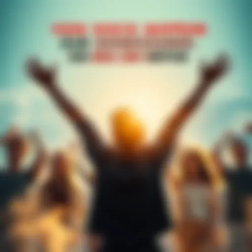 A person standing confidently with arms raised in triumph, symbolizing recovery from gambling addiction, surrounded by supportive friends