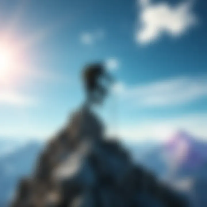 A determined person climbing a steep mountain, symbolizing overcoming challenges to achieve success.