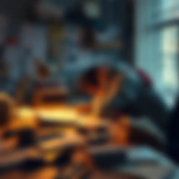 A person sitting at a cluttered desk, looking stressed with papers and a laptop around them.