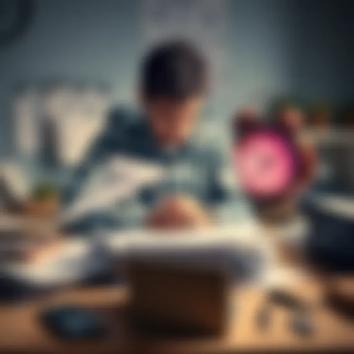 A person sitting at a desk looking stressed, surrounded by paperwork and a clock showing time passing quickly.