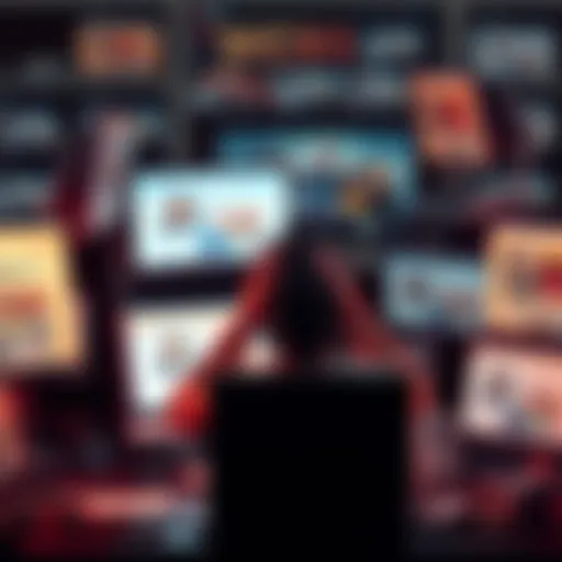A frustrated person sits at a computer, surrounded by multiple website windows, showing signs of exhaustion and stress.