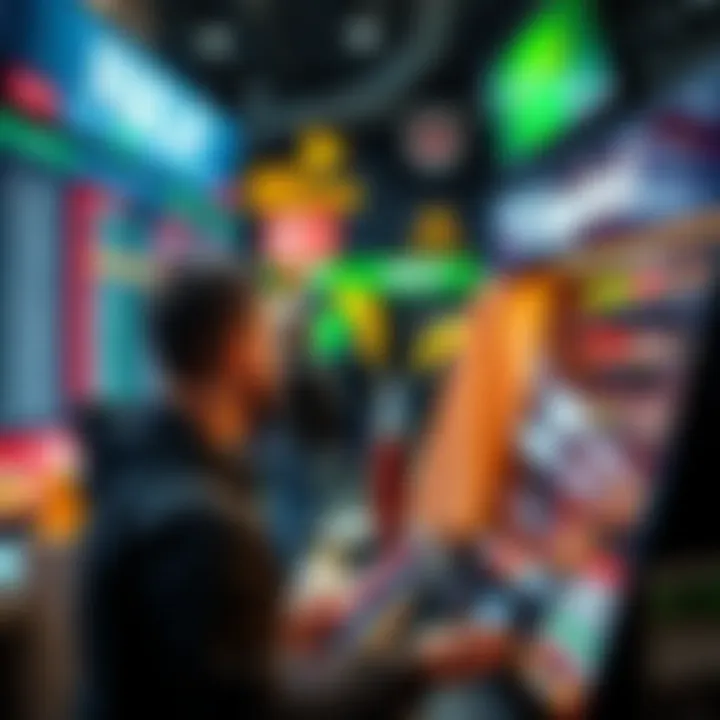 A person placing a parlay bet at a sports betting kiosk, examining odds and options on a screen