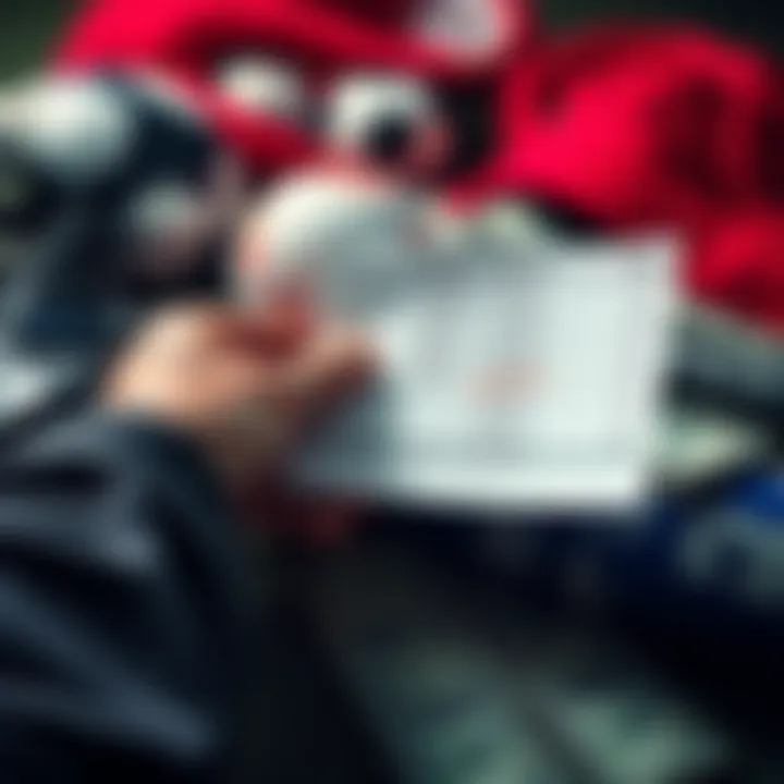 A hand holding a betting slip with multiple selections marked, surrounded by cash and sports gear