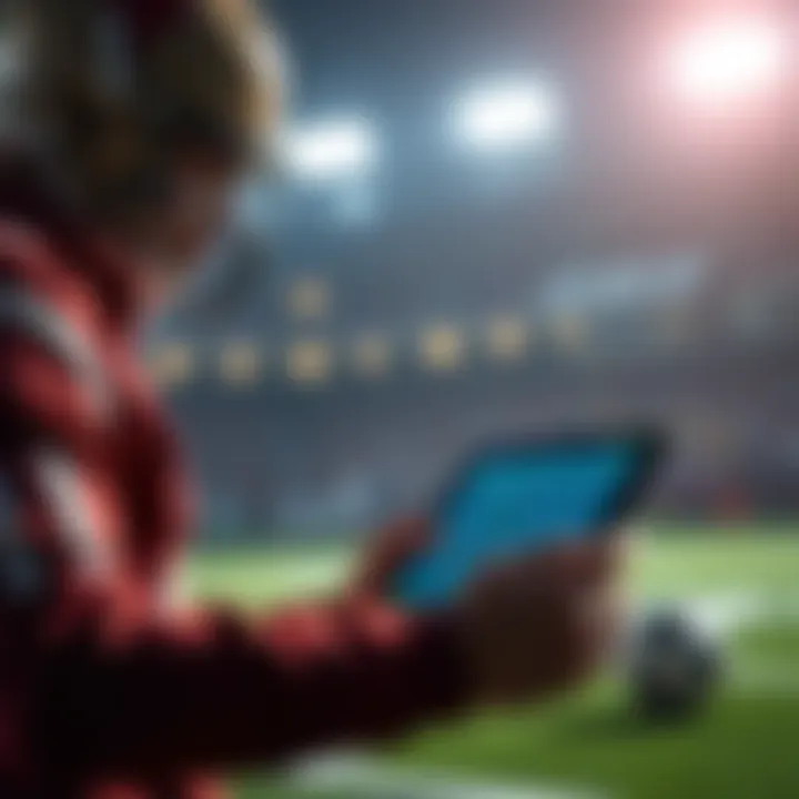 A football player places bets on a digital device, with betting odds displayed on the screen, representing parlay betting in Tennessee.