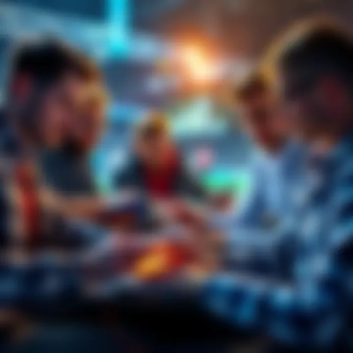 A group of people discussing betting strategies with notebooks and laptops, focused on creating successful parlay bets.