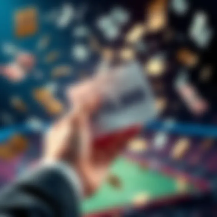 A hand holding a betting slip with odds, surrounded by money symbols