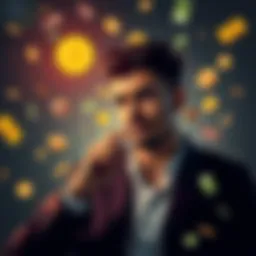 A person contemplating a decision with money symbols around them, reflecting their thoughts on financial choices.