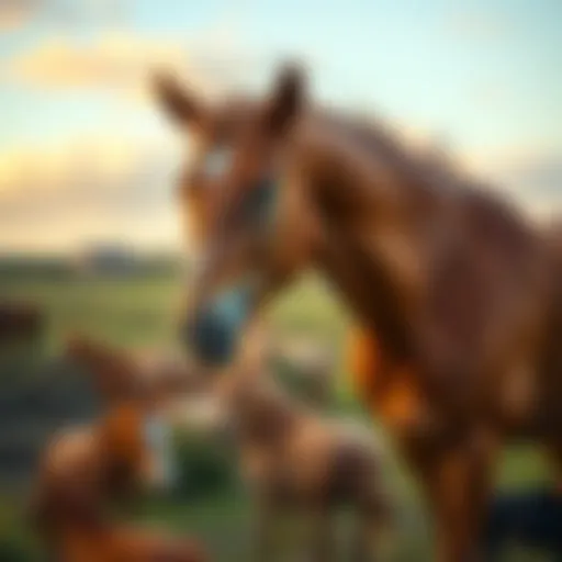 A beautiful chestnut horse stands in a field, looking solemn with a gentle expression, symbolizing the legacy of Patches O’Houlihan after his passing.