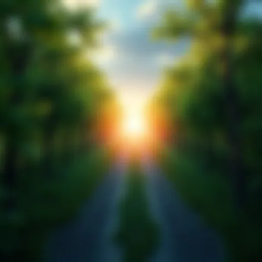 Path of hope A peaceful path surrounded by green trees leading towards a bright light, symbolizing hope and faith during tough times