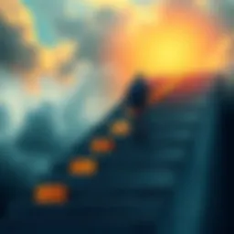A determined person climbing stairs labeled with success milestones, aiming for a bronze medal at the top.