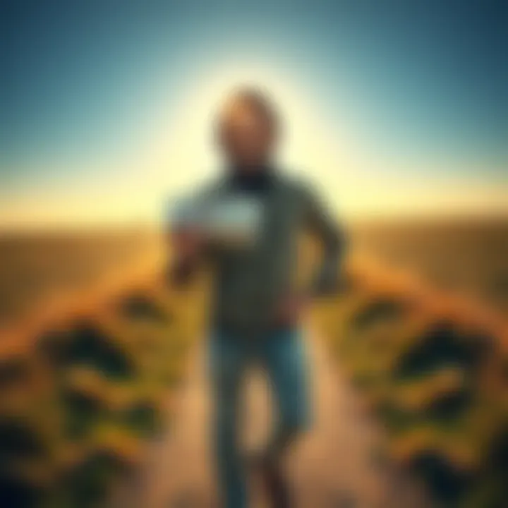 A person smiling and holding a stack of cash, standing on a path leading to a bright sunny horizon, symbolizing financial success and positivity.