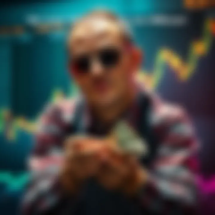 A determined person counting money with a financial chart in the background