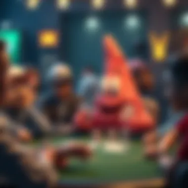 Patrick Star playing poker at a table Patrick Star, the pink sea star character, sitting at a poker table with cards in his hands, appearing relaxed and cheerful while playing against other cartoon figures.
