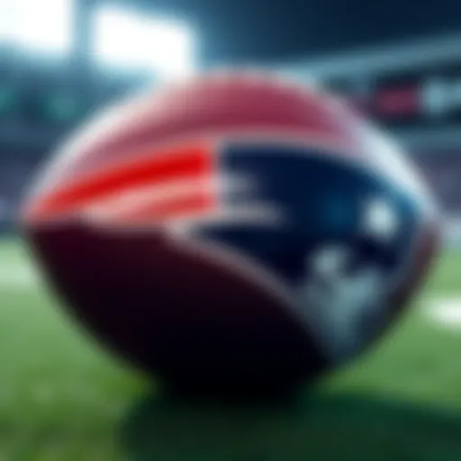 Close-up of the New England Patriots logo with a football in the background