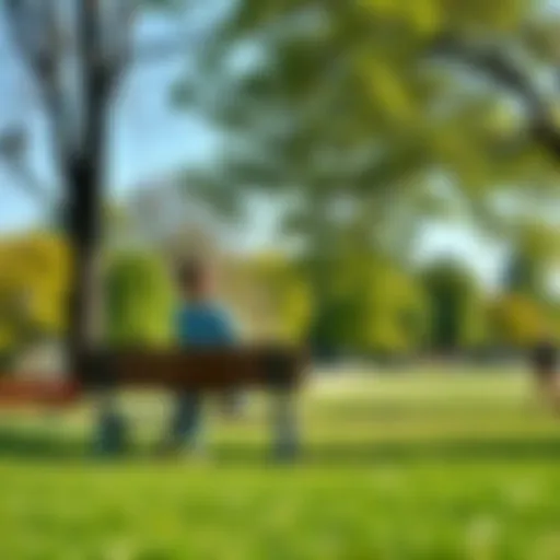 A person sitting on a bench in a serene park, smiling and enjoying the simple beauty of trees and flowers