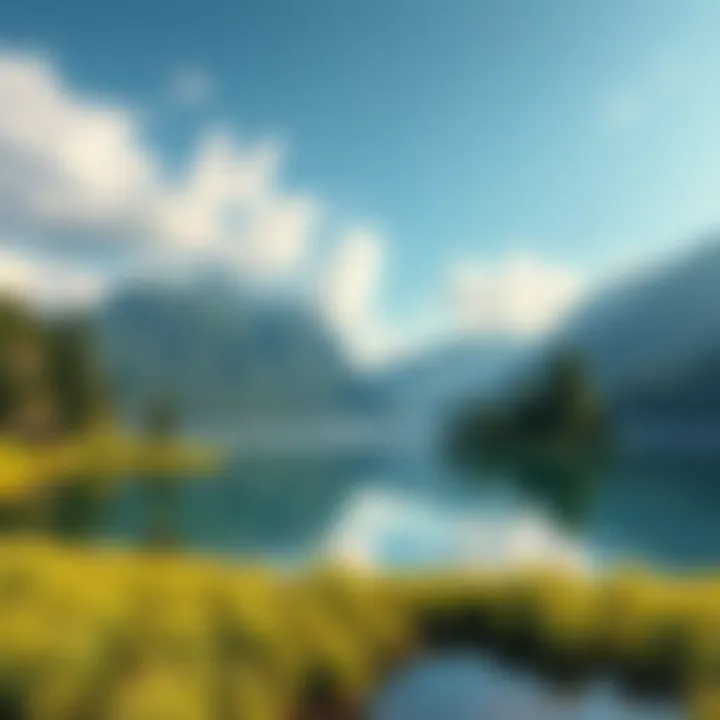 A serene landscape with a calm lake surrounded by trees and mountains, promoting a sense of tranquility.