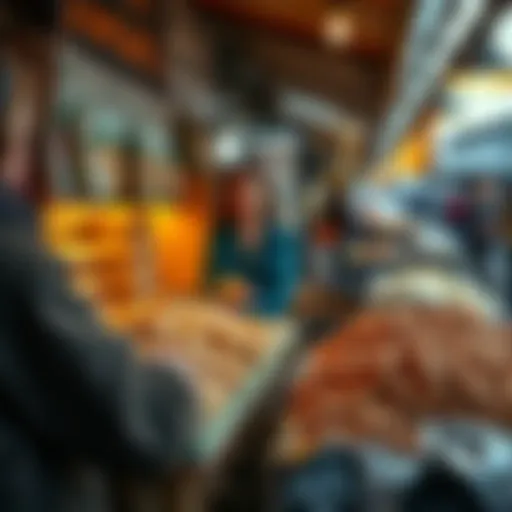A vendor selling peanuts at a market with customers browsing nearby