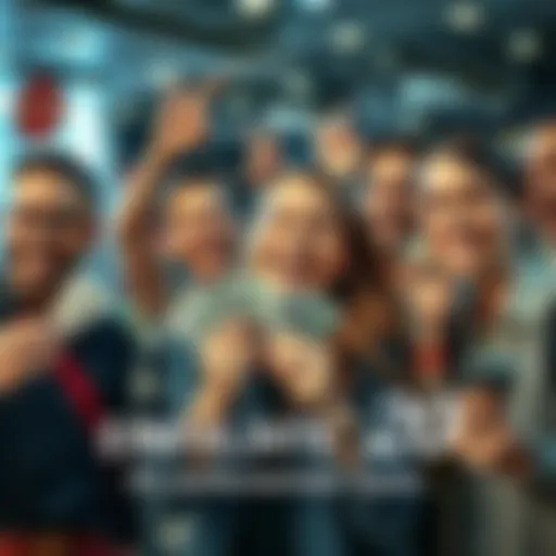 A group of people smiling and holding cash in their hands, showing excitement about making easy money.