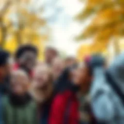 A group of diverse people smiling and celebrating together in a park, showcasing positive emotions and joy in modern society.