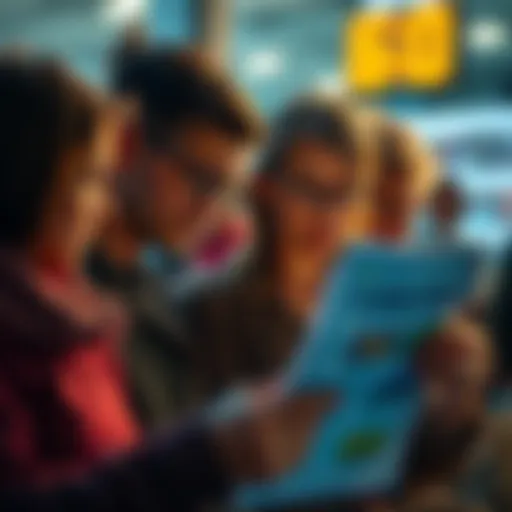Group of people looking at a contest flyer with expressions of uncertainty and curiosity