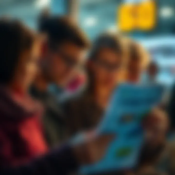 Group of people looking at a contest flyer with expressions of uncertainty and curiosity