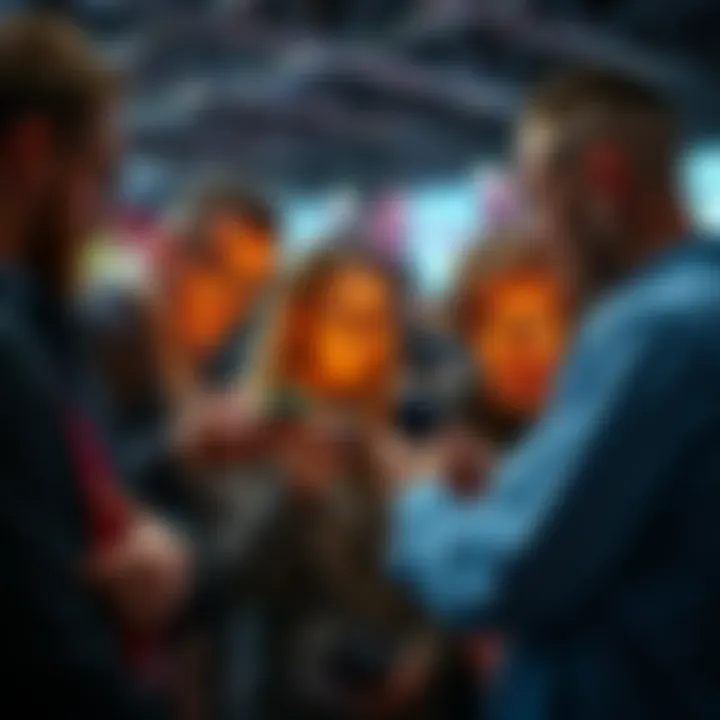 People discussing betting tips A group of people examining their phones while discussing betting tips and social media offers