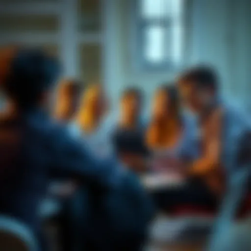 A group of people engaged in a lively discussion about a challenge that many have overlooked, with notebooks and laptops around them.