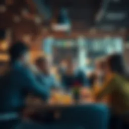 A group of people gathered in a coffee shop, debating whether an upcoming event will be on Monday, Tuesday, or Wednesday.