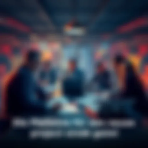 A group of people exchanging ideas around a table with papers and laptops, looking curious about a new project