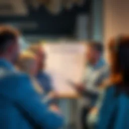 People discussing referral programs A group of people sharing their experiences about referral programs, with one person highlighting benefits on a board