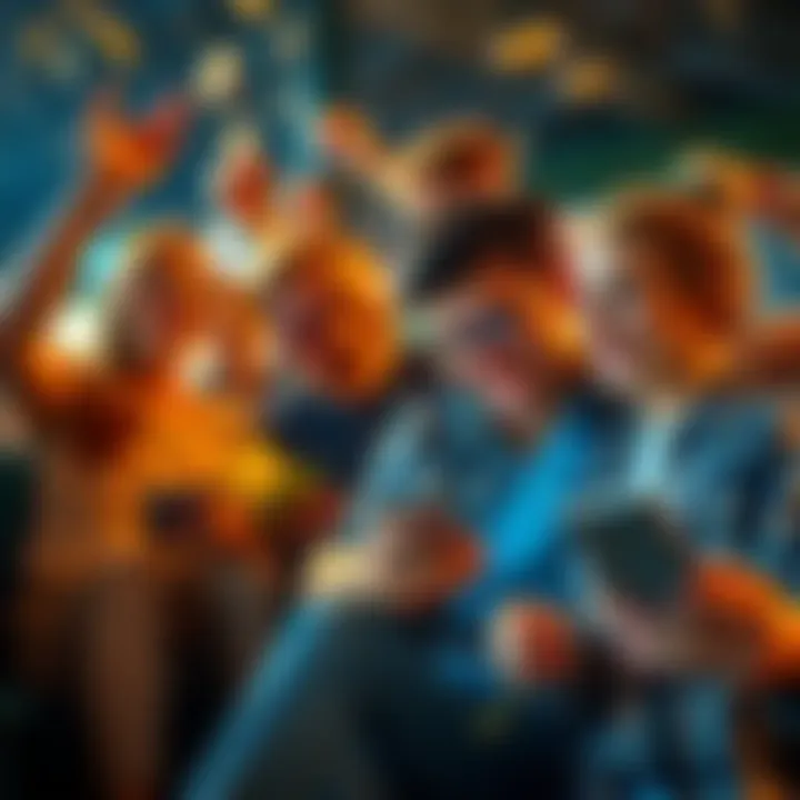 People earning money on BIGCASH A group of people happily using their devices to complete tasks on the BIGCASH platform, celebrating their earnings with smiles and excitement.