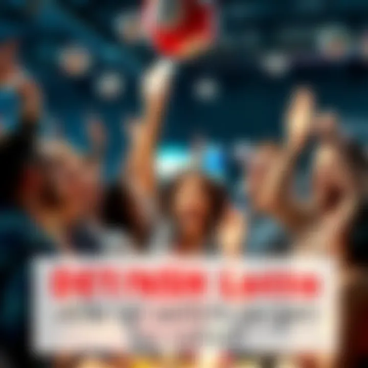 A diverse group of people celebrating and discussing their Lotto tickets, showing enthusiasm for the DET/NSH Lotto system.