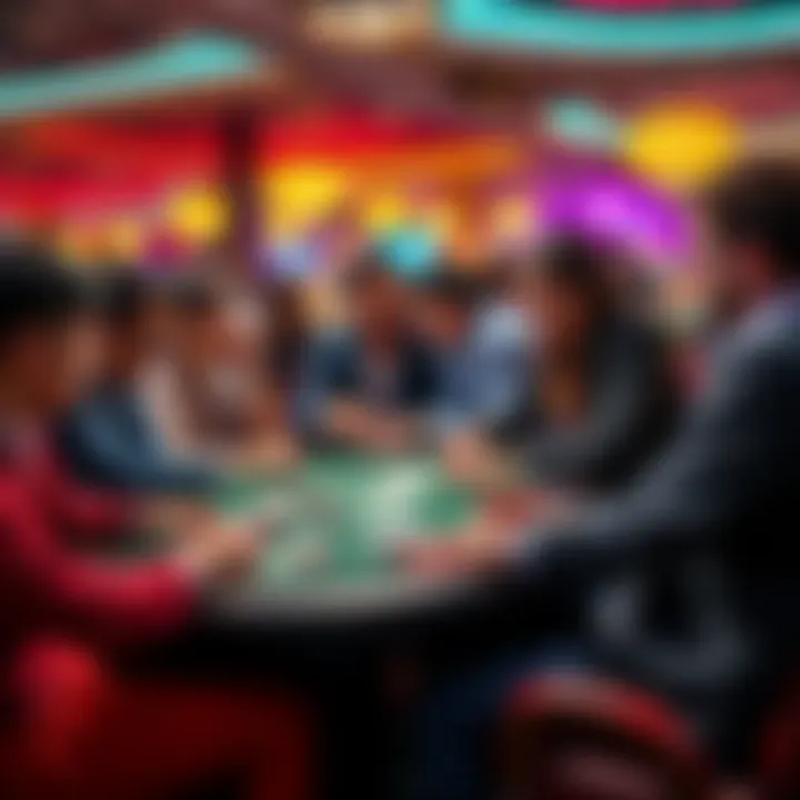 A group of people engaging in a lively card game at a casino table, showing excitement and focus