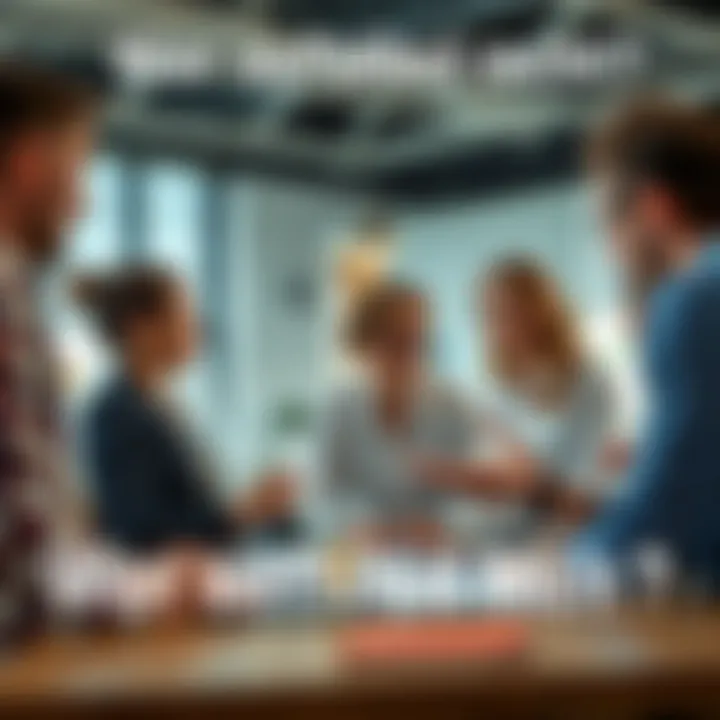 Group of sales professionals discussing strategies in a modern office setting